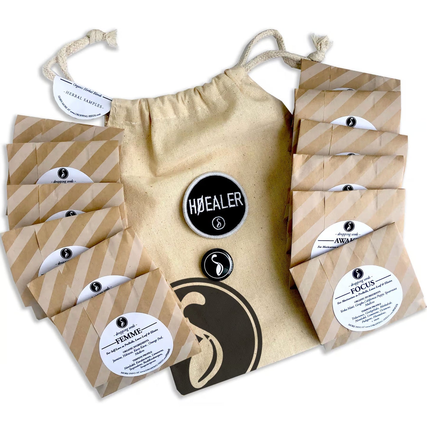 Set of branded items including a drawstring bag, packaging, and badges with visible branding.