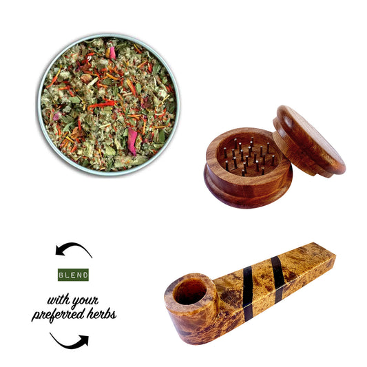 Ceramic peace, grinder, and bowl of herbs on a white background