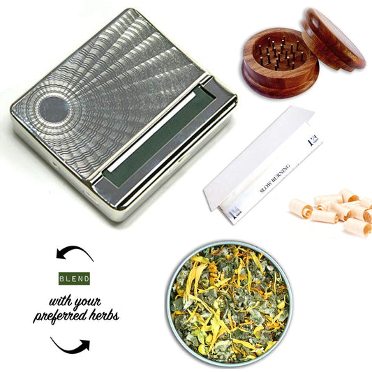 Wood grinder,vintage box, white papers, and herbs on a white background