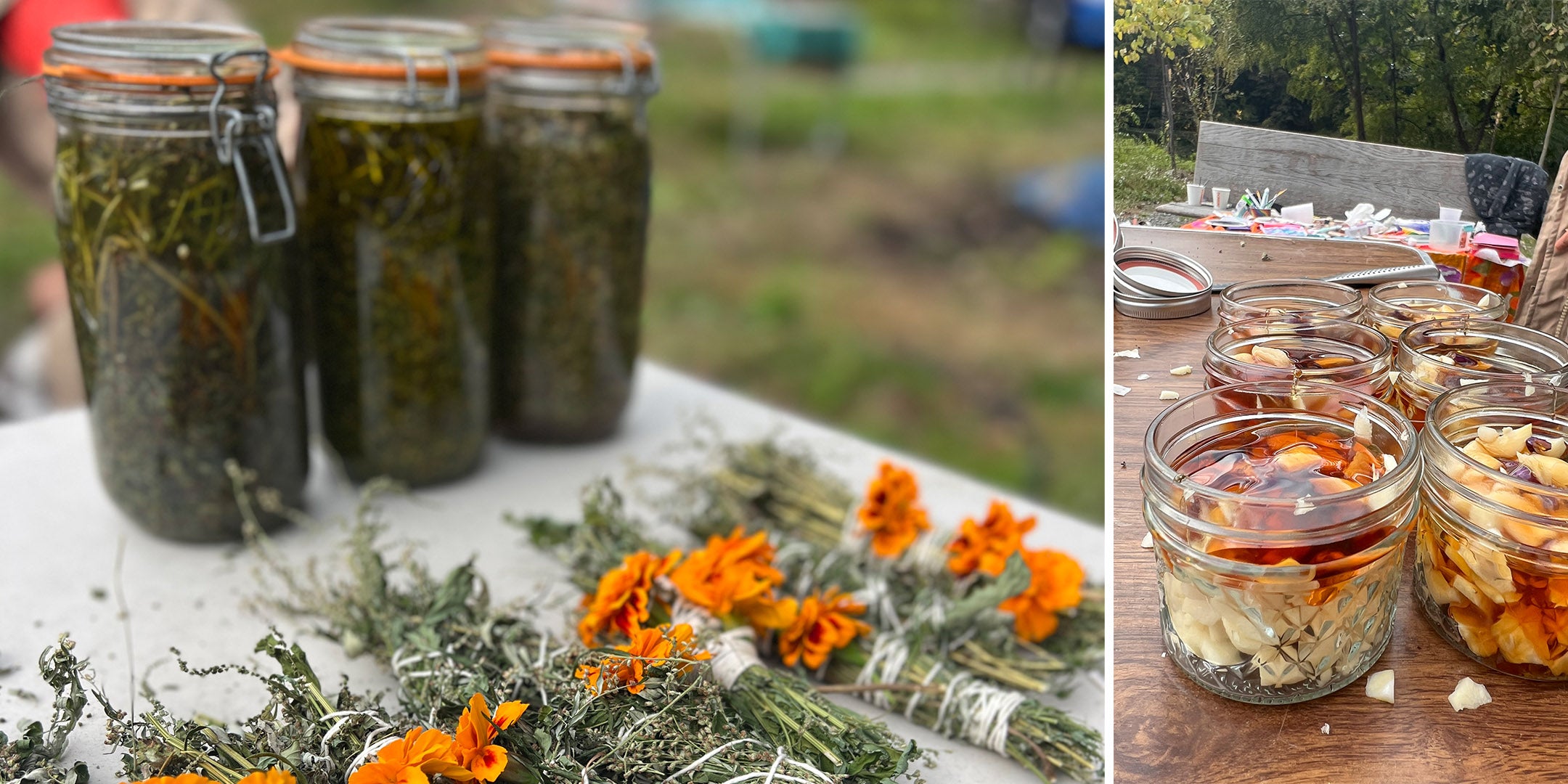 Jars of herbs on a table with outdoor background