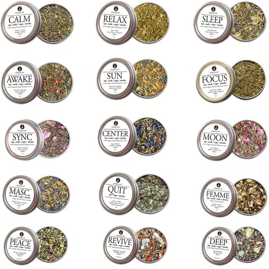Collection of tins with various herbal mixtures and labels on a white background