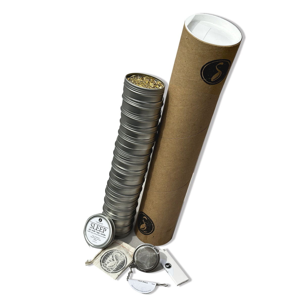 Set of metal containers with labels and a cardboard tube on a white background