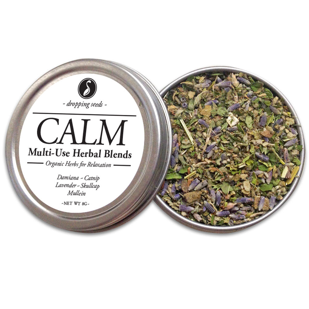 Herbal blend with damiana, catnip, lavender, skullcap and mullein in a metal tin labeled 'Calm' on a white background