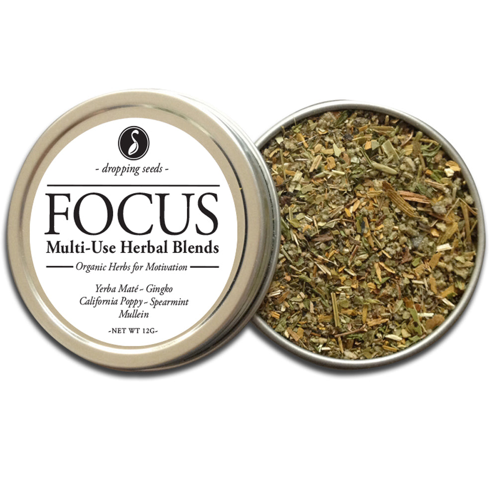 Open metal tin of 'Focus' multi-use herbal blends with yerba mate, gingko, california poppy and spearmint on a white background
