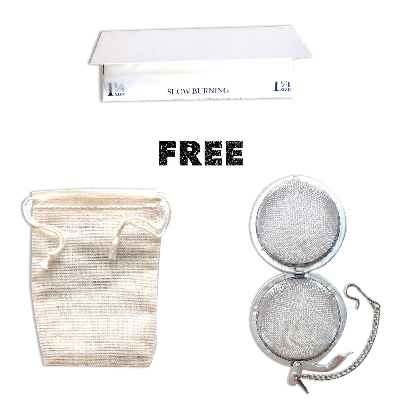 Tea infuser with a drawstring bag and 'Free' text overlay on a white background