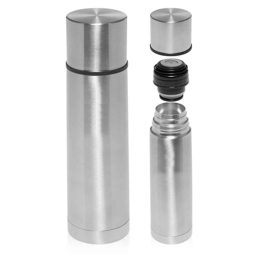 Silver insulated bottle with detachable cap on a white background