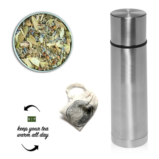Stainless steel thermos with tea leaves and a small bag on a white background