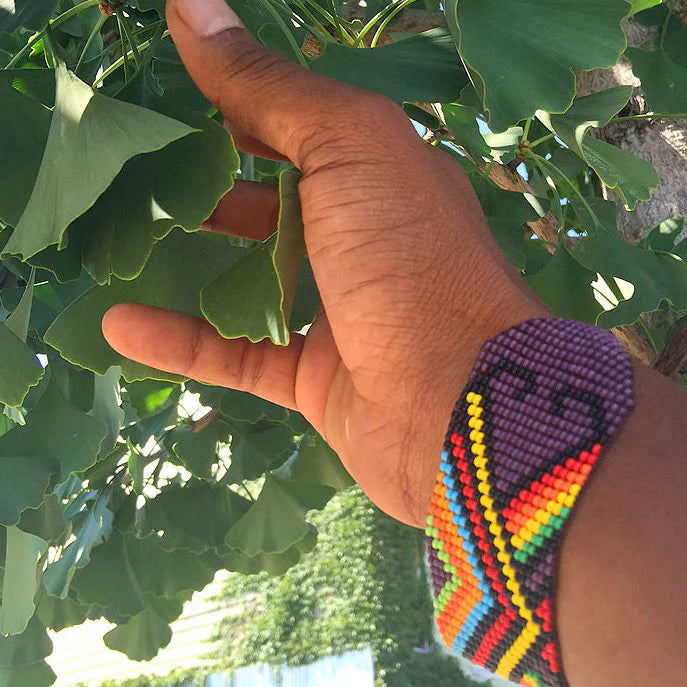 Hand with a colorful beaded bracelet pointing to green leaves