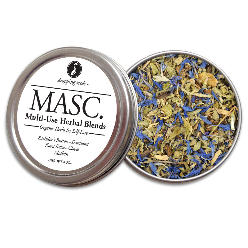 MASC multi-use herbal blends with bachelors button, damiana, kava, cloves and mullein in a metal tin on a white background
