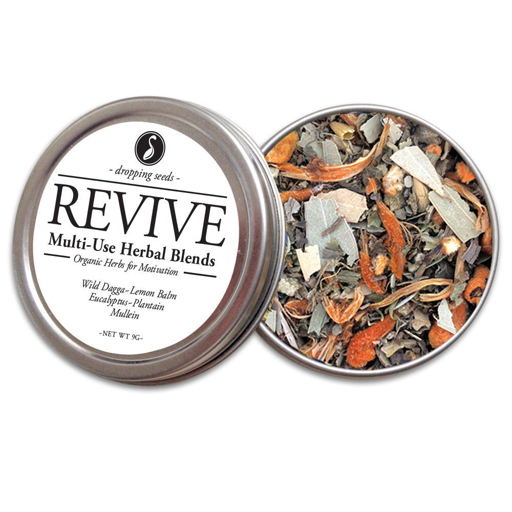 Open metal tin of 'Revive' multi-use herbal blends with wild dagga, lemon balm, eucaluptus, plantain on a white background