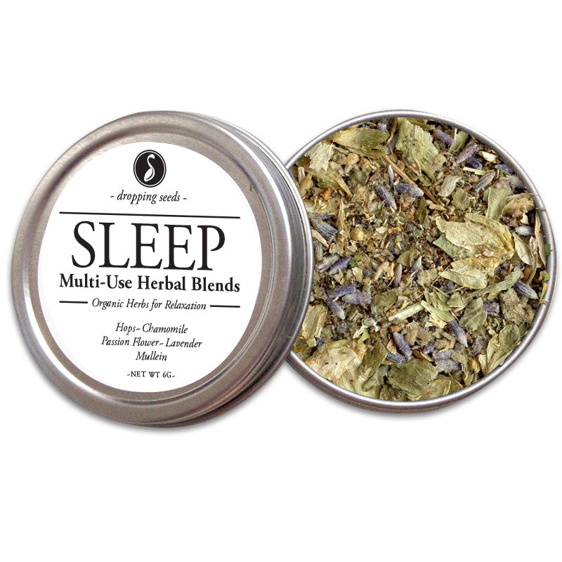 Sleep multi-use herbal blends with hops, chamomile, passion flower, lavender and mullein in a metal tin on a white background