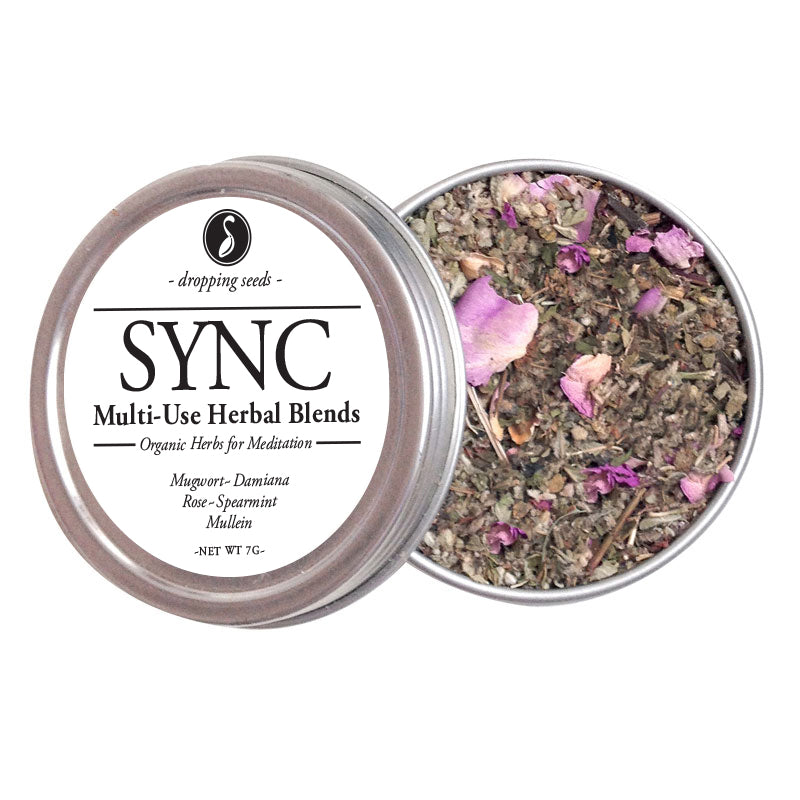 SYNC multi-use herbal blends in a metal tin with mugwort, rose, damiana, spearmint and mullein on a white background