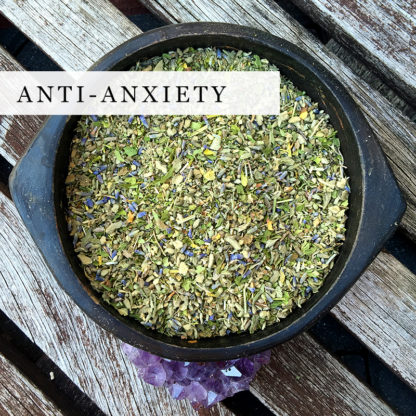 A blend of organic anti-anxiety herbs in a black bowl