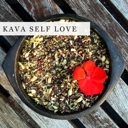 A blend of organic KAVA KAVA herbs in a black bowl