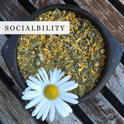 A blend of organic herbs in a black bowl for sociability