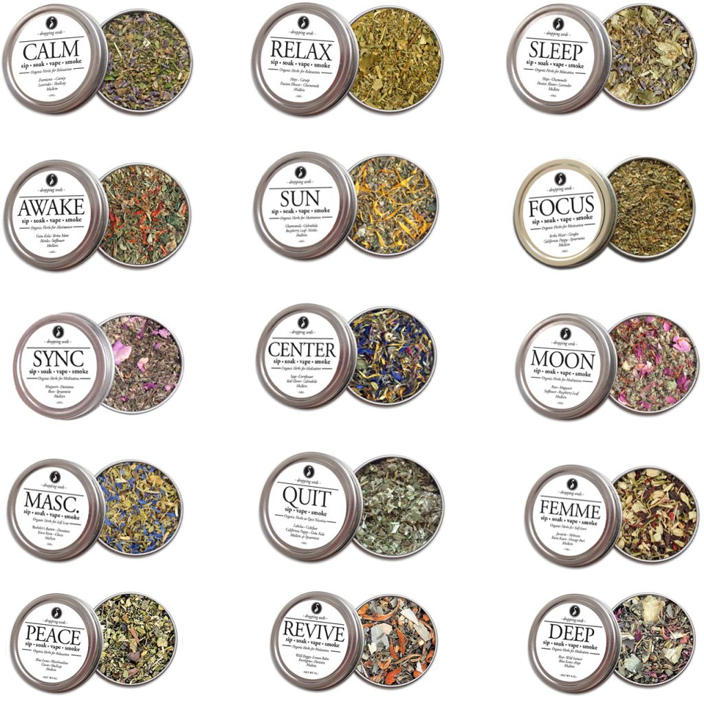Full collection of all 15 organic herbal blend tins for tea, bath, vape and smoking.
