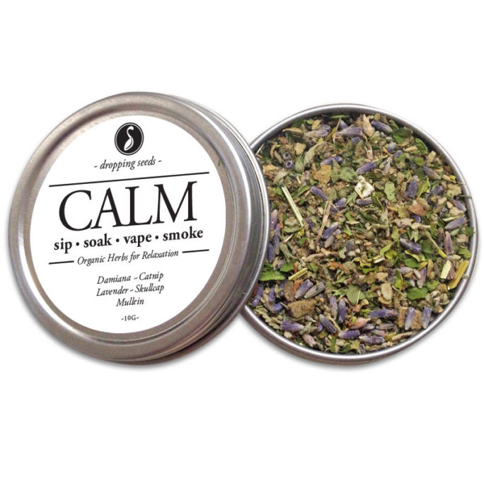 CALM organic herbs for relaxation by smoking, tea, bath or vape with Damiana, Catnip, Lavender, Skullcap and Mullein.