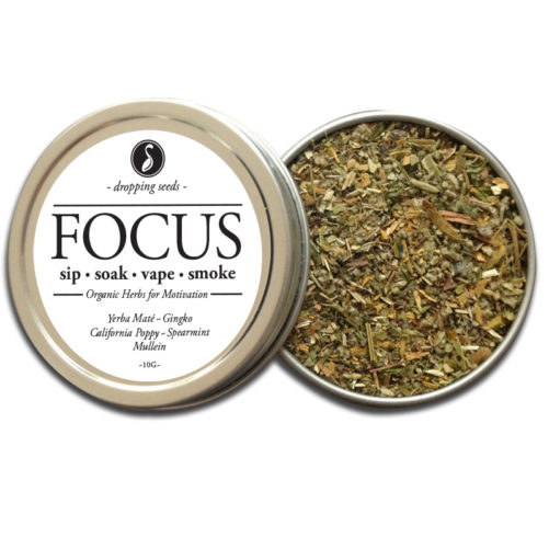 Get FOCUS motivating organic herbs for concentration by smoking, tea, bath or vape with Ginkgo, Yerba Mate, California Poppy, Spearmint and Mullein.