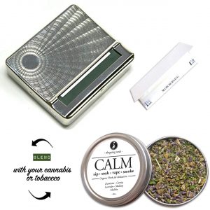Vintage rolling box, papers and herbal tin of damiana, catnip, lavender, skullcap and mullein botanical blend for Winter Solstice Holiday gift ideas for calming against anxiety $24.99