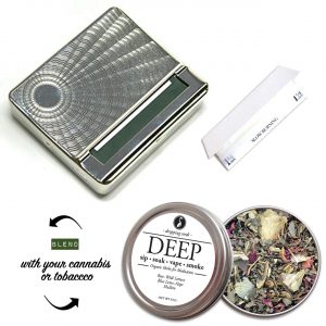 Winter Solstice Holiday gift idea for meditation $24.99 with Vintage rolling box, papers and herbal tin of rose, wild lettuce, blue lotus, hops and mullein botanical blend.
