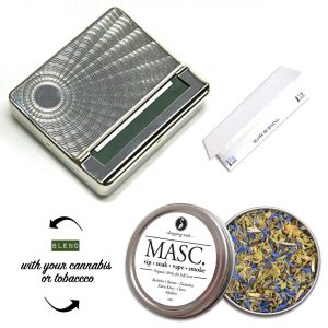 Self Care Holiday gift idea for Him $24.99 with Vintage rolling box, papers and herbal tin of bachelors button, damiana, kava kava, cloves and mullein botanical blend.