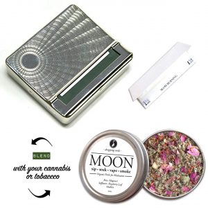 Witchy Holiday Full Moon gift idea $24.99 with Vintage rolling box, papers and herbal tin of rose, mugwort, safflower, raspberry leaf and mullein botanical blend.