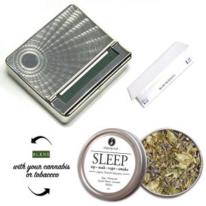 Vintage rolling box for Unique Holiday Gift sale $24.99 with papers and herbal tin of chamomile, hops, lavender, passion flower and mullein for help sleeping.