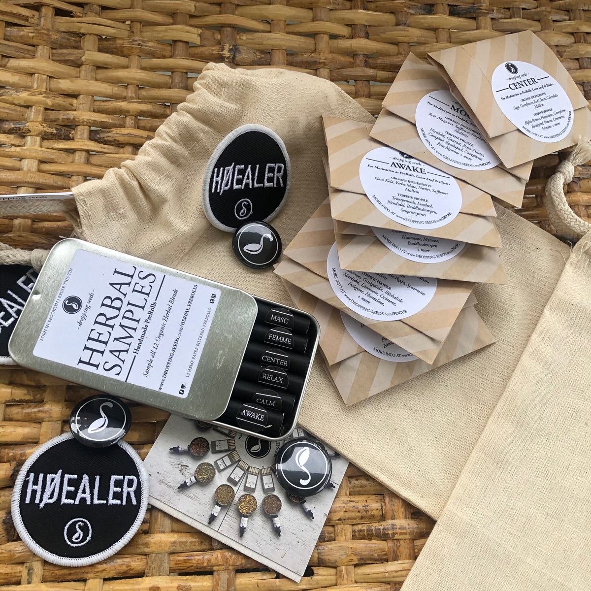 Smoking herb sampler pouch with Healer/Dealer social healing justice promo patch and pin.