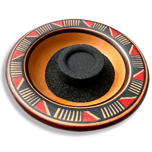 Handmade Herbal Burner dish with charcoal and black sand for cleansing with herbal blends.