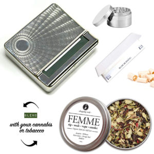 Vintage rolling box with rolling papers, herb grinder, wood filters and smokable FEMME blend for Winter Solstice Holiday 2022 gift ideas for him and her $49.49