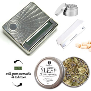 Vintage rolling box with rolling papers, herb grinder, wood filters and smokable SLEEP blend for Winter Solstice Holiday 2022 gift ideas for him and her $49.49