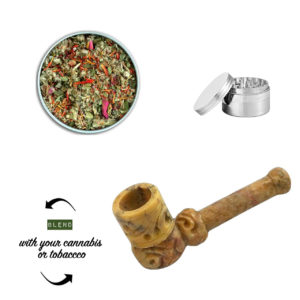 Ceramic pipe and herbal grinder with your choice of our herbal blend for ceremonial rituals.