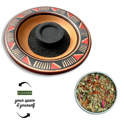 Hand made Peruvian herbal burner dish, charcoal and sand with organic herbal blend.
